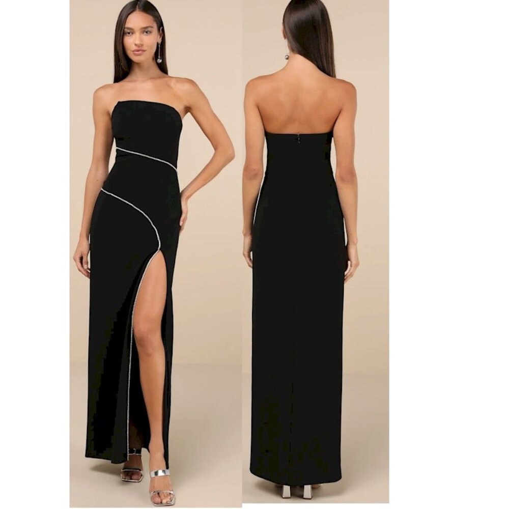 Elevated Sparkle Black Rhinestone Strapless Maxi Dress XL Missing 1 Stone